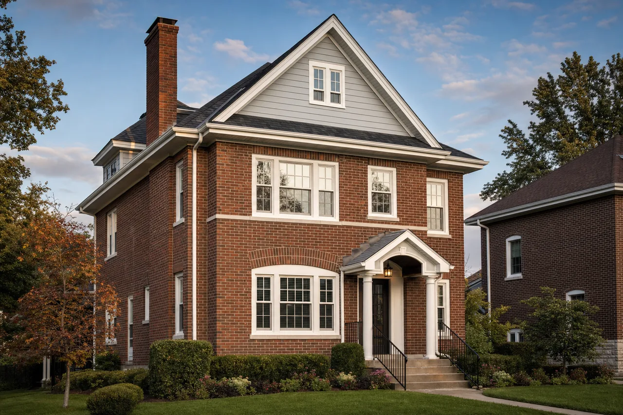 St. Louis brick home showing roof, siding, gutters, fascia, and masonry