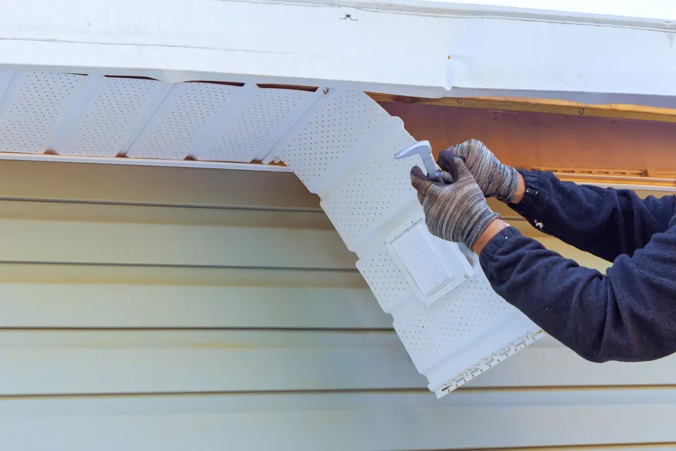 Soffit and fascia detail beneath a residential roof edge